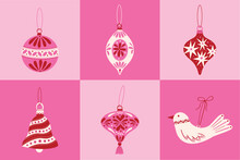 Christmas Ornaments Vector Collection. Set Of Pink And Red Christmas Balls Hand Drawn Illustration. Hanging Xmas Baubles
