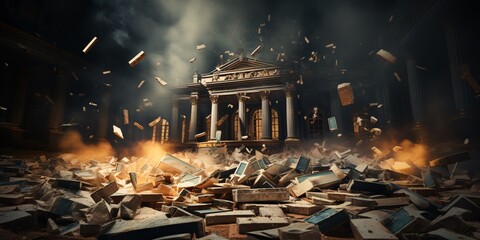 Bank building collapsing metaphor. Bankruptcy bank. Collapse financial organization. Banking crisis. Loss of money by bank depositors after bankruptcy.