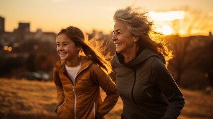 senior woman and family exercise in the morinng. joyful 
healthy family running with sunset.