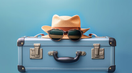 Blue suitcase, sunglasses and hat on a blue background. Travel concept. Created with Generative AI technology.