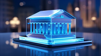 Blue digital bank glowing icon on blue tone background. Online banking app and transaction concept. 3D style.