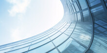 Low Angle View Of Futuristic Architecture, Skyscraper Of Office Building With Curve Glass Window, 3D