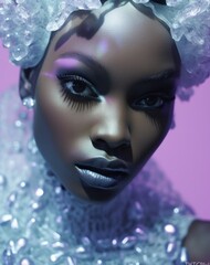 a beautiful portrait of an afro-american woman with a white crown, dazzling diamonds, and a glamorou