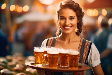 Waitress with a tray full of beers at Oktoberfest