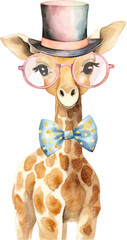 Aufkleber - Giraffe wearing glasses and top hat watercolour portrait created with Generative AI technology