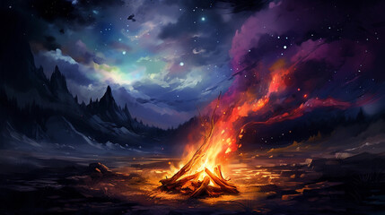 Wall Mural - abstract art of a luminescent campfire under a starlit sky, vibrant colors, impressionistic brush st