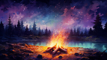 Wall Mural - abstract art of a luminescent campfire under a starlit sky, vibrant colors, impressionistic brush st