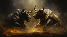 A Stock Market, Bulls And Bears Battling, Surrealist Style, Dark, Ominous, Oil Painting, Chiaroscuro Lighting, Deep Contrasts