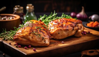 Closeup of tasty roast chicken breast served on wooden board. Grilled chicken. 