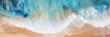 © W&S Stock - Relaxing aerial beach scene, summer vacation holiday template banner. Waves surf with amazing blue ocean lagoon, sea shore, coastline. Perfect aerial drone top view.  Ai Generative