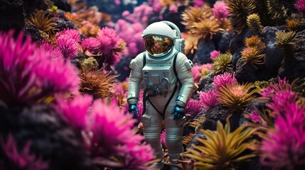 Wall Mural - Astonaut in an alien world among colourful plants, Generative AI