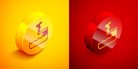 Sticker - Isometric Swimmer diving into pool icon isolated on orange and red background. Circle button. Vector