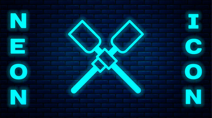 Wall Mural - Glowing neon Oars or paddles boat icon isolated on brick wall background. Vector