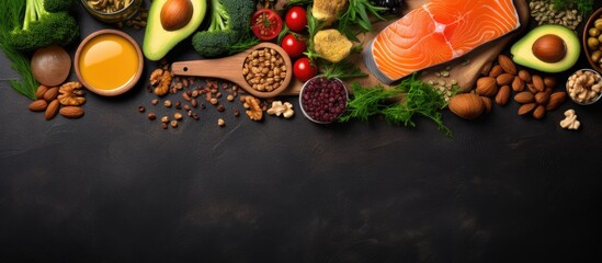 Top view of various food sources of omega 3 on a dark background with copy space. These include