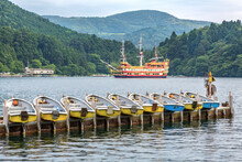 Pleasure Boats On Lake Ashi, Also Know As Hakone Ashinoko Lake, A Crater Lake In An Extinct Volcano In Hakone, Japan.