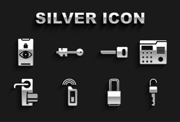 Poster - Set Car key with remote, House intercom system, Unlocked, Lock, Digital door, Key, Eye scan and Old icon. Vector