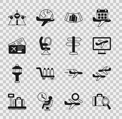 Canvas Print - Set Lost baggage, Plane, Conveyor belt with suitcase, Airplane seat, Airline ticket, and Road traffic sign icon. Vector