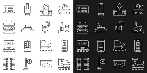 Sticker - Set line Vintage locomotive, E-ticket train, Wine bottle with glass, Railway station, Plate food, End of railway tracks, Road traffic signpost and Emergency brake icon. Vector