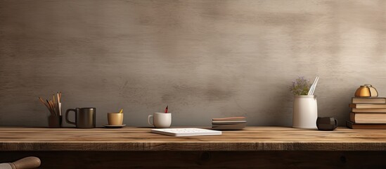 Poster - Front view workspace and copy space with a wooden desk table, supplies, and a coffee mug.