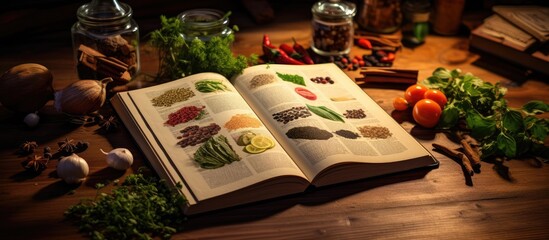 Poster - Print Recipe Book with Fresh Herbs and Spices on Wooden Background.