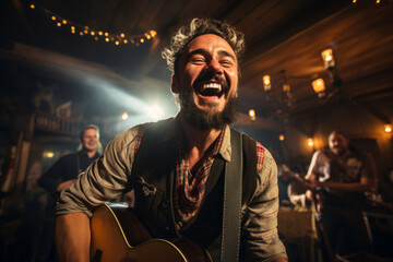 Wall Mural - Cheerful musician performing in a pub. Performer playing a guitar. People gathering in the background.