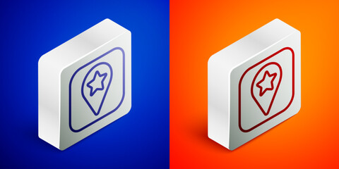 Sticker - Isometric line Location for camping or tours and travels icon isolated on blue and orange background. Silver square button. Vector