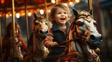 Excited Little Child Laughing And Riding A Carousel Carnival Ride Merry-go-round In Amusement Park During Festival. Family Leisure With Small Kids.