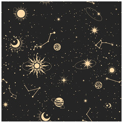 Wall Mural - seamless space pattern with stars, cosmos background in tarot style, astrology magic sky, abstract e