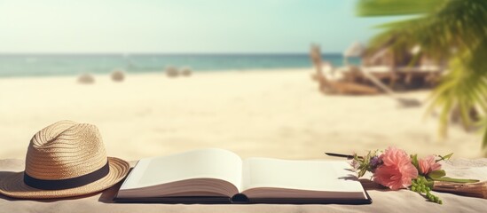 Poster - A blank writing book with summer beach accessories in the background, perfect for writing, is