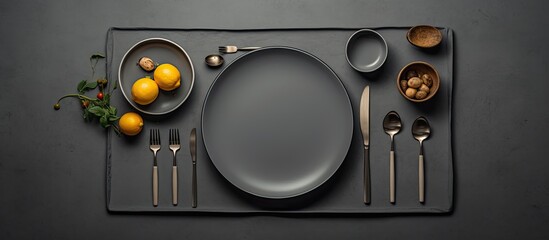 Poster - a gray table with no food but with cutlery on top when viewed from above.