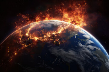 heat of the earth, global warming causing the climate to change and earth to catch fire in space