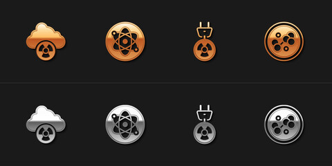 Sticker - Set Acid rain and radioactive cloud, Atom, Radiation electrical plug and Molecule icon. Vector