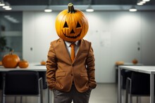 Businessman In A Suit With A Pumpkin In Place Of His Head. Halloween Concept. Background With Selective Focus And Copy Space