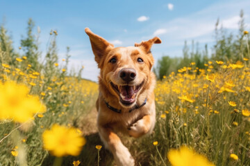 friendly happy dog running at fast pace towards the camera in a blossoming flower meadow on sunny su