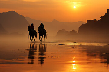 Canvas Print - Group of people horse riding on the beach at sunrise. Foggy morning on a sandy beach.