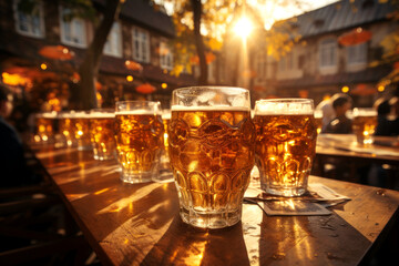 Mugs of fresh beer on a wooden table in traditional German bar on sunny autumn day. Drinking alcoholic beverage outdoors. Oktoberfest celebration.