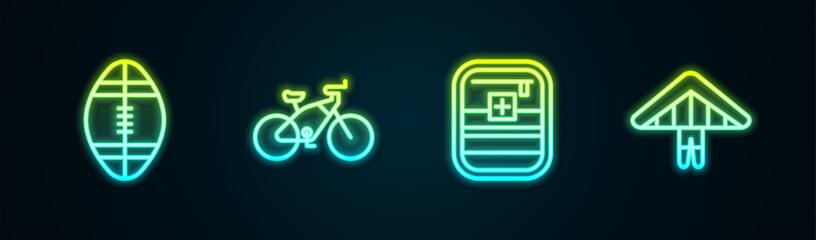 Canvas Print - Set line Rugby ball, Bicycle, First aid kit and Hang glider. Glowing neon icon. Vector