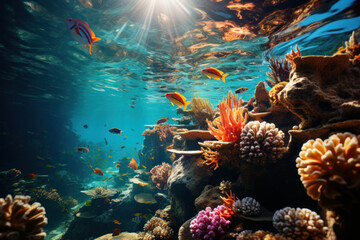 Wall Mural - Colourful fish swimming in underwater coral reef landscape. Deep blue ocean with colorful fish and marine life.