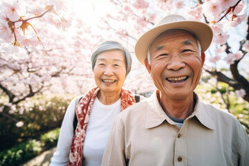 happy senior asian couple walking a blossoming sakura park on spring evening. retired husband and wi