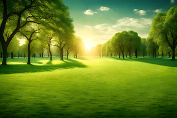 Wall Mural - Green Grass field in the big city park, Generative AI