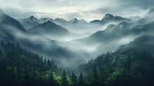 Beautiful Morning Mountain Forest Mist. Generative AI