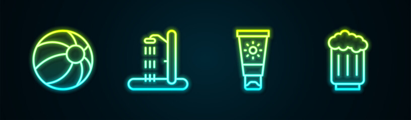 Poster - Set line Beach ball, shower, Sunscreen cream in tube and Wooden beer mug. Glowing neon icon. Vector