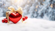 canvas print picture - Herz Form Weihnachtskugel mit Schnee für Valentin als Hintergrund für Webdesign und Drucksachen, ai generativ