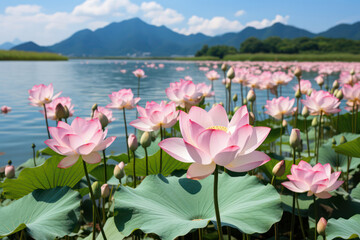 A detailed close-up shot of a lotus blossom, capturing its serene beauty, intricate layers, and symbolic significance, reflecting the cultural and spiritual importance of this exotic flower in its nat