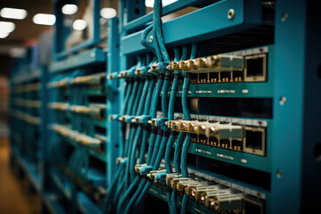 A close-up shot of network switches and Ethernet cables in a data center, emphasizing the intricate network architecture and connectivity that enables fast and reliable data communication | ACTORS: No