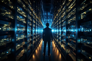 Male IT Specialist walks along rows of server racks in operation, checks uptime, concepts of cloud computing, artificial intelligence, supercomputers, cybersecurity. Generative AI