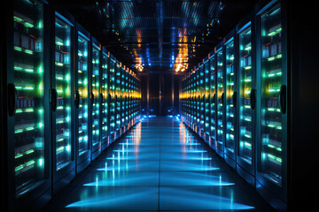 A shot of virtualization technology in a server farm, with virtual servers running on physical hardware, illustrating the consolidation and efficiency achieved through virtualization | ACTORS: None |