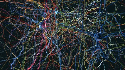 Wall Mural - A neural network with neuronal connections transmitting synapses, neurons or nerve cells - 3d illustration