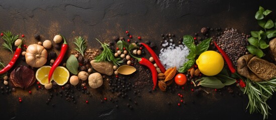 The frame of organic food with spices and vegetables is displayed on a stone background, allowing