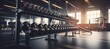© Lubos Chlubny - Gym interior background of dumbbells on rack in fitness and workout room